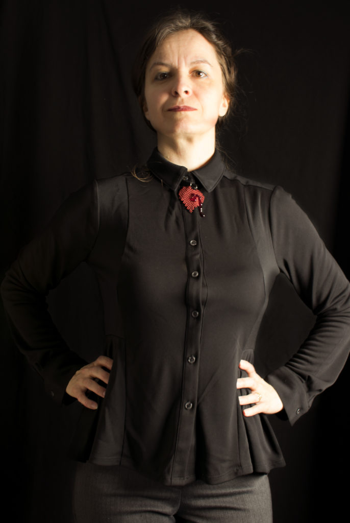 Bleeding Heart Pendant in red worn with Business Casual outfit